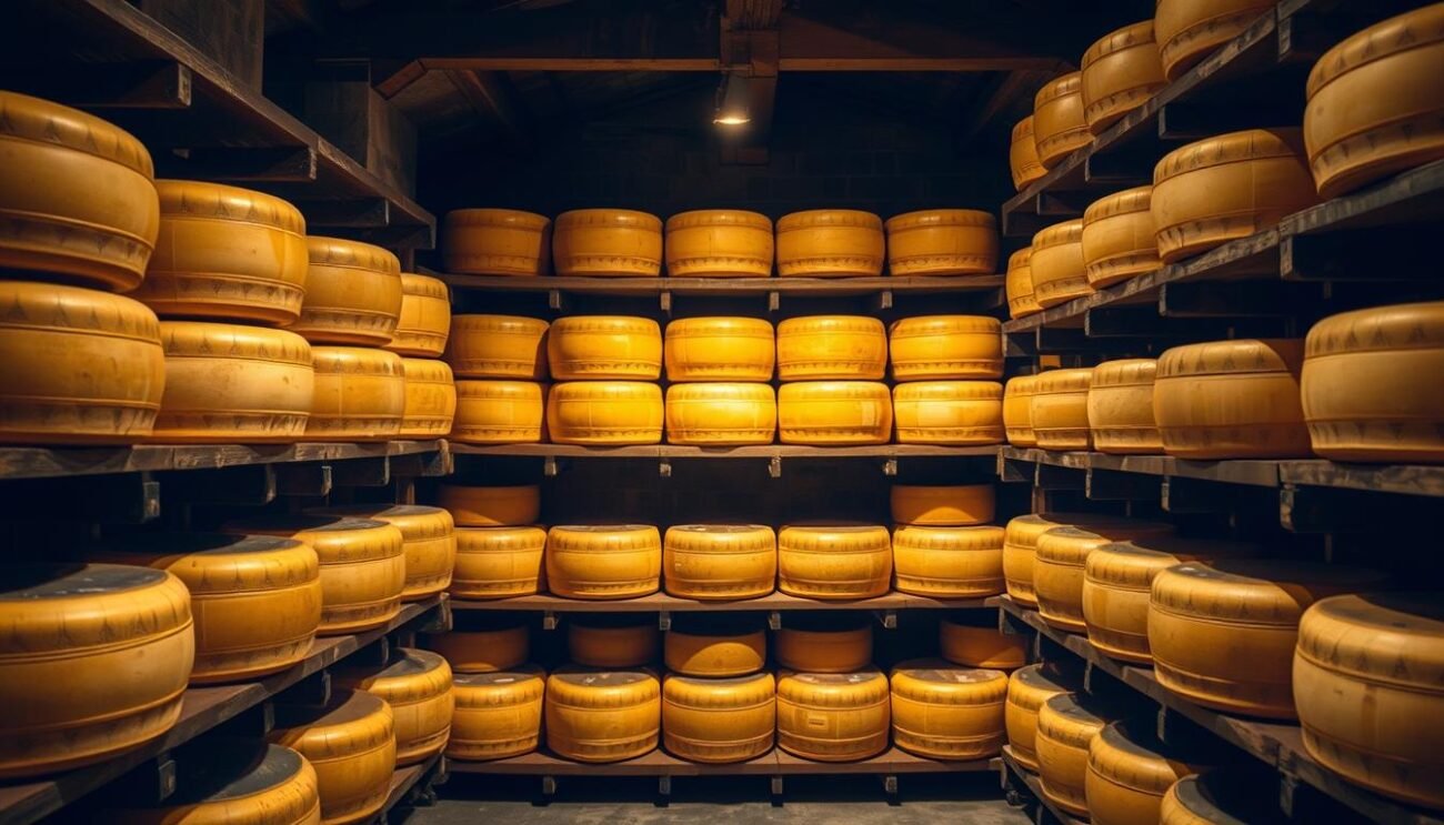 Genera un'immagine dei magazzini di stagionatura del Parmigiano Reggiano