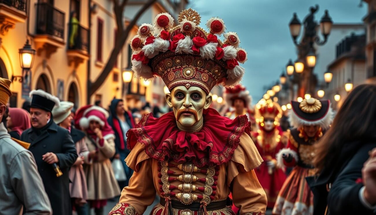 Genera un'immagine del Carnevale Storico Offidano con "lu bov fint" al centro della scena.
