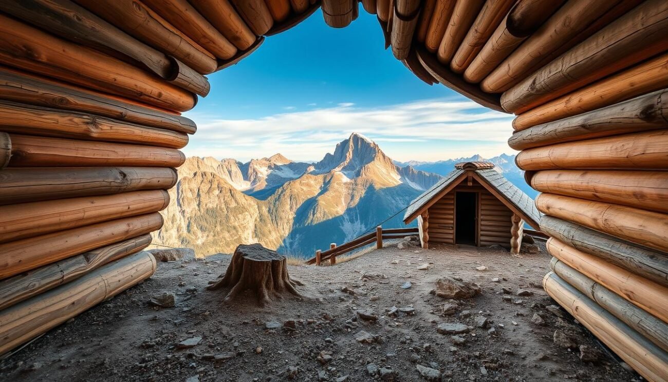 Genera un'immagine del Rifugio Bec de Roces situato sulla Sellaronda, con un panorama mozzafiato sulle Dolomiti.