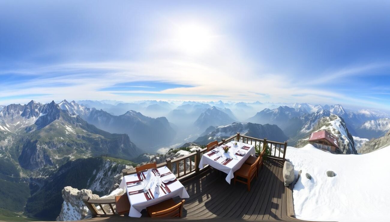 Genera un'immagine del Ristoro Monte Civetta a 2081 metri di altitudine, con un panorama a 360 gradi sulle Dolomiti.