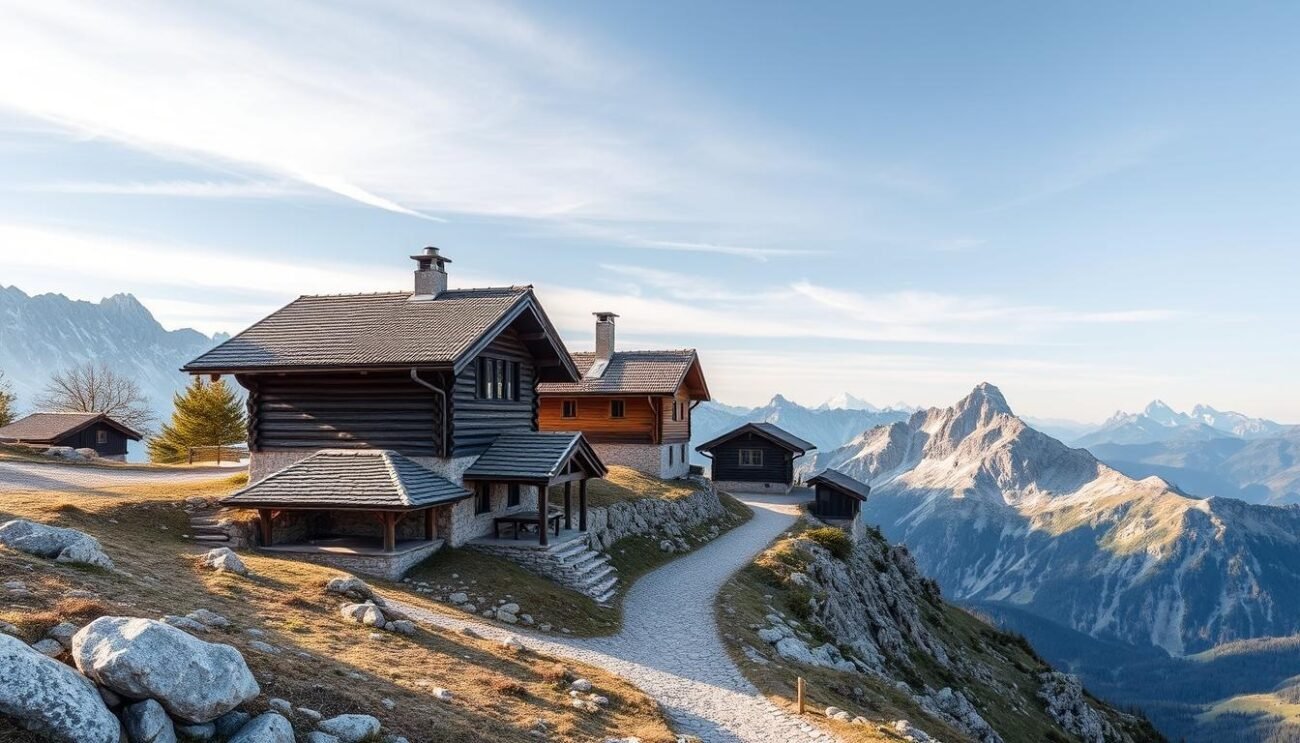 Genera un'immagine del Sentiero Dolomieu con sei malghe sullo sfondo delle Dolomiti