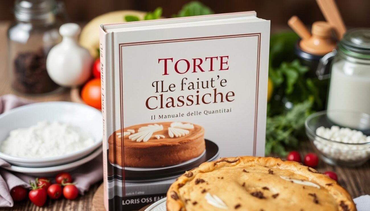Genera un'immagine del libro "Le Torte Classiche. Il Manuale delle Quantità" di Loris Oss Emer, con una torta classica italiana in primo piano e ingredienti vari sullo sfondo.