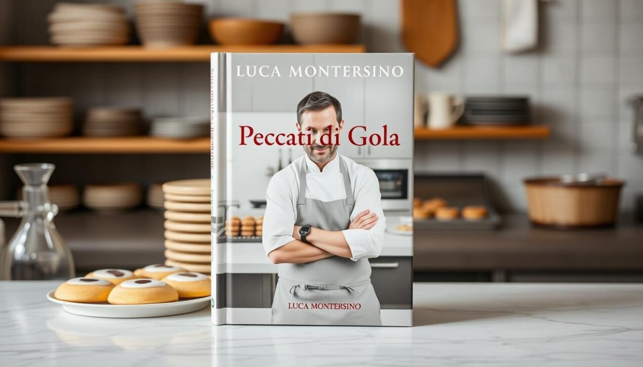 Genera un'immagine del libro "Peccati di Gola. Scuola di Pasticceria" di Luca Montersino, con una foto di Luca Montersino in una cucina di pasticceria.