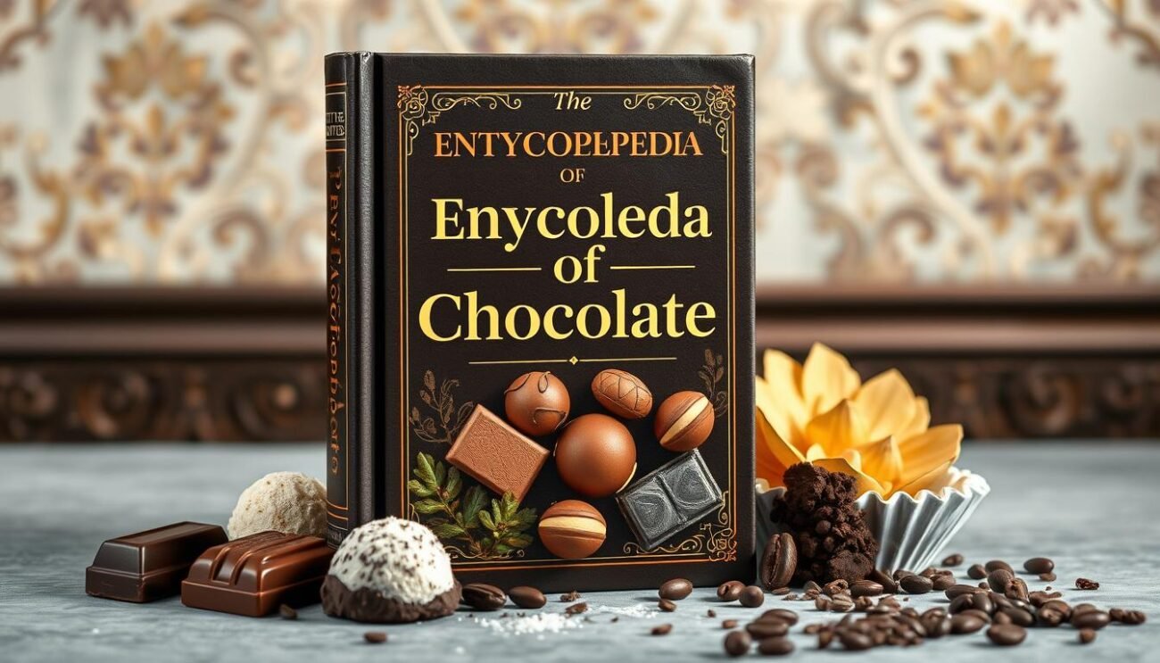 Genera un'immagine dell'Enciclopedia del Cioccolato con una copertina che mostra vari tipi di cioccolato.