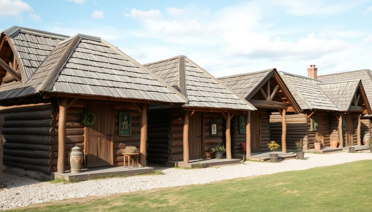 Genera un'immagine delle malghe di Valminga con i tetti in scandole di legno e le facciate decorate