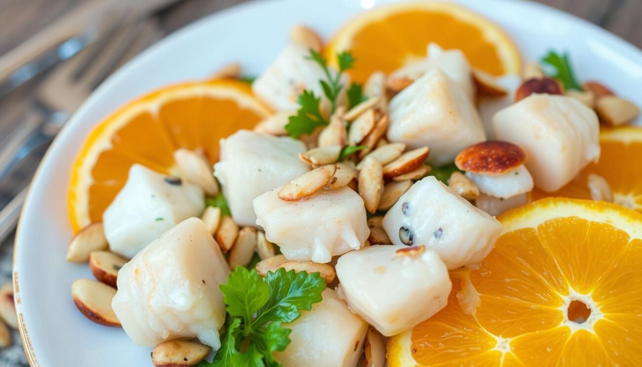 Genera un'immagine dell'insalata di mare con arance e mandorle tostate Genera un'immagine dell'insalata di mare con arance e mandorle tostate