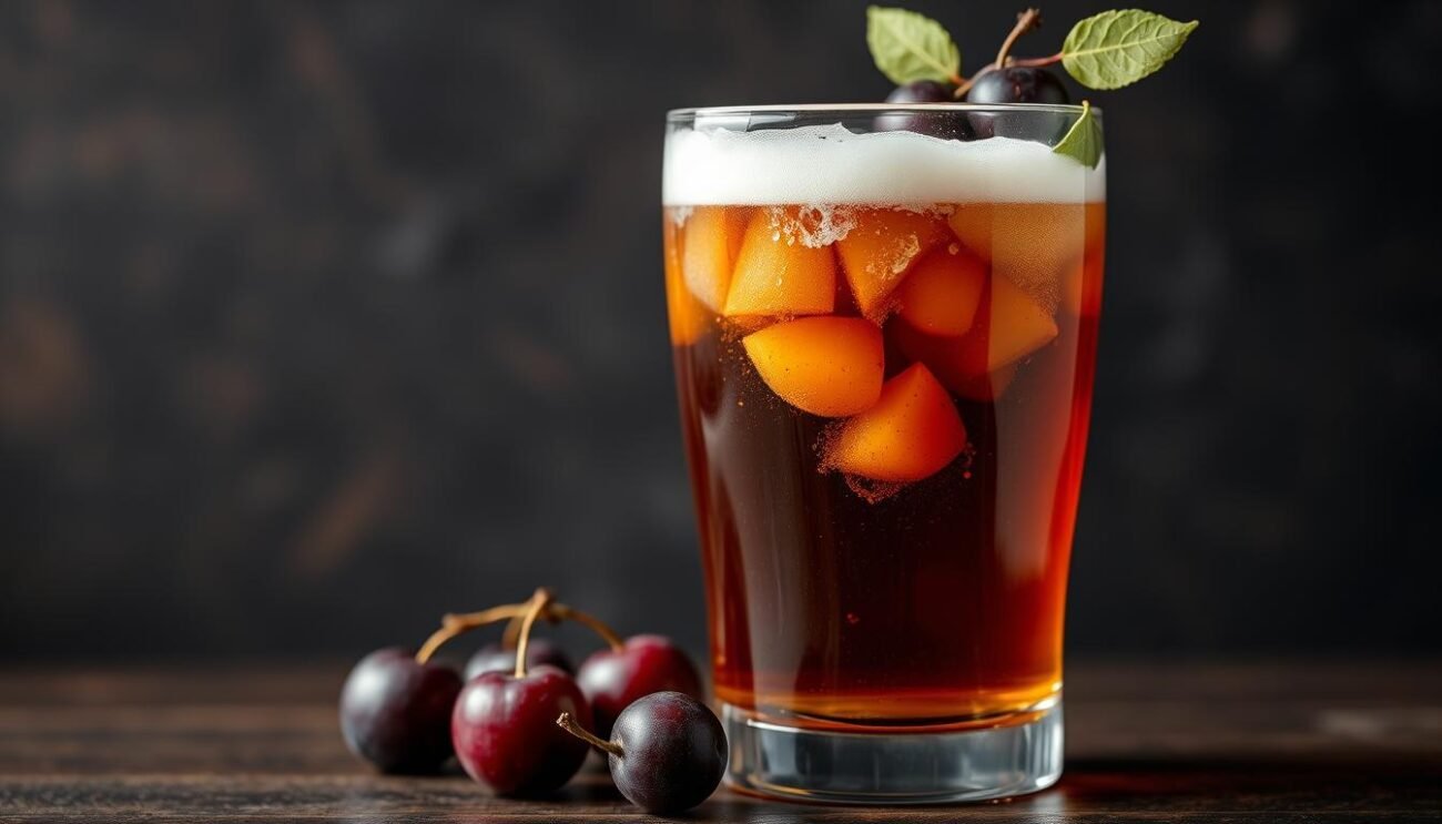 Genera un'immagine di BeerBrugna servita in un bicchiere con decorazioni di prugna. Genera un'immagine di BeerBrugna servita in un bicchiere con decorazioni di prugna.