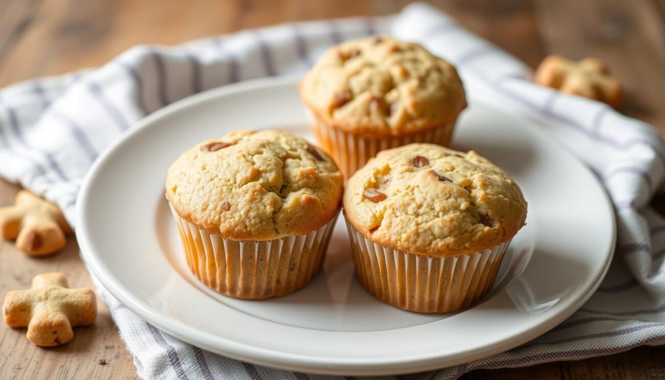 Genera un'immagine di muffin e biscotti senza zucchero appena sfornati