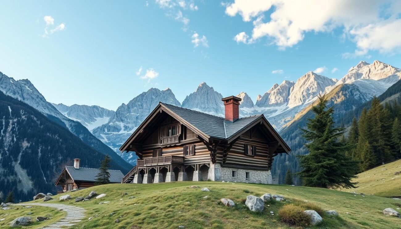 Genera un'immagine di una malga di montagna nelle Dolomiti Bellunesi Genera un'immagine di una malga di montagna nelle Dolomiti Bellunesi