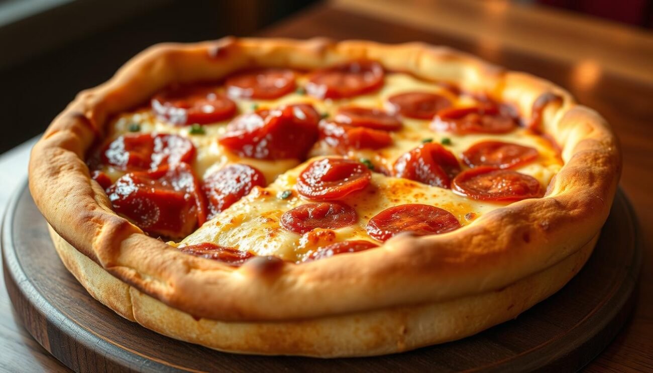 Genera un'immagine di una pizza deep dish di Chicago