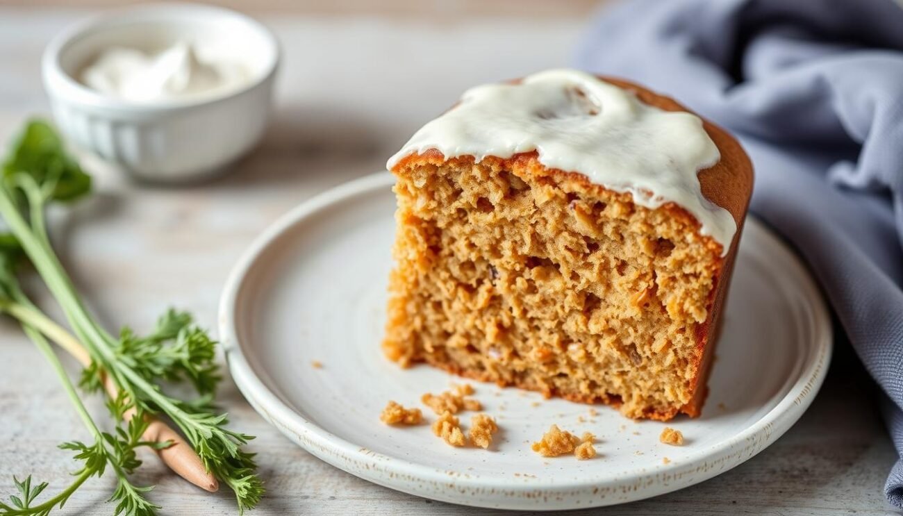 Genera un'immagine di una torta di carote e yogurt senza zucchero