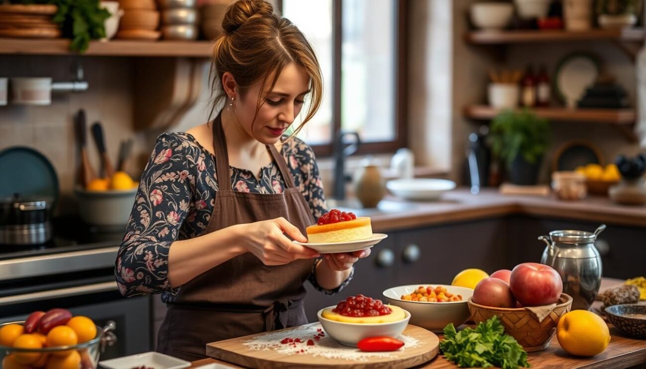 Immagina Francesca Castignani mentre prepara un dolce utilizzando ingredienti locali della Tuscia.