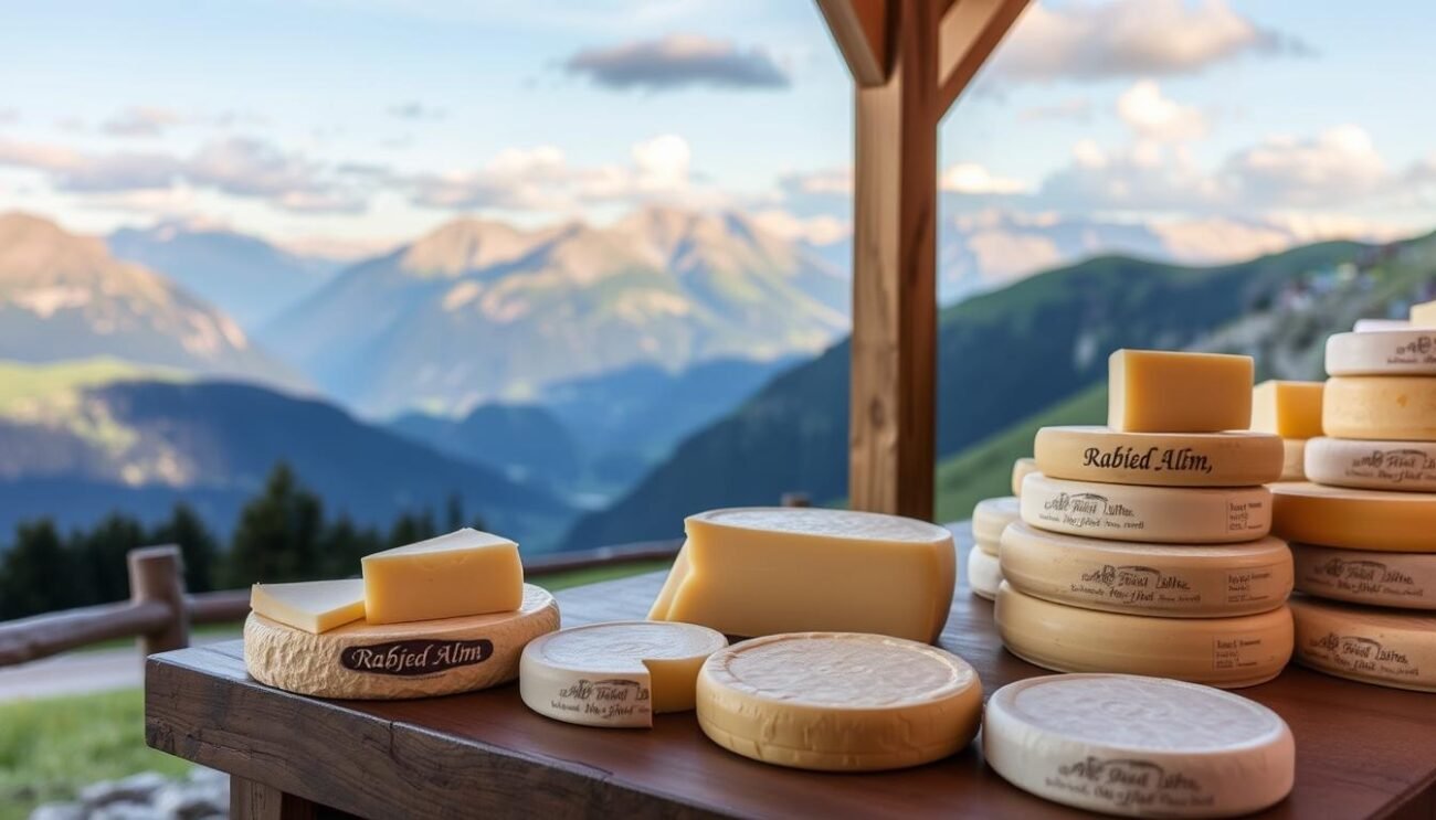 Immagina Malga Rableid Alm con i suoi formaggi esposti e la vista panoramica sulle montagne circostanti.