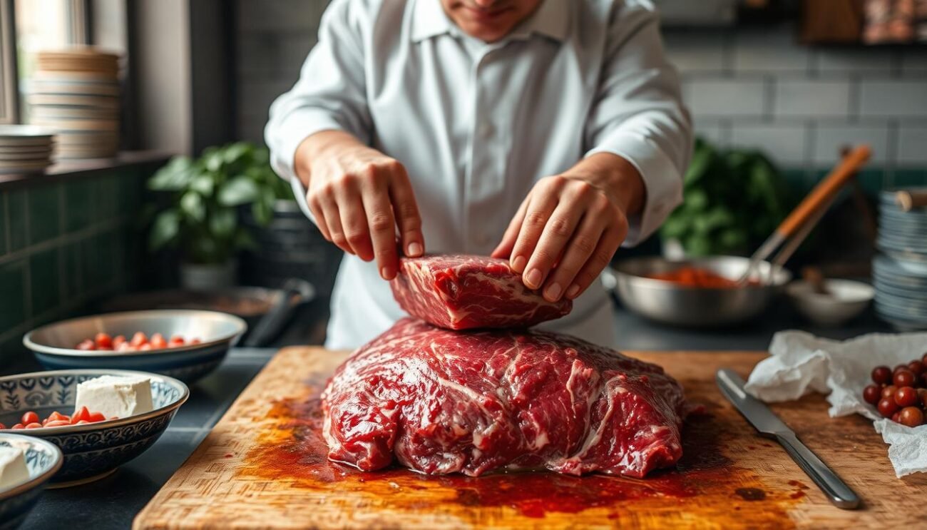 Immagina il processo di preparazione del Manzo di Pozza, un'arte culinaria tramandata di generazione in generazione. Immagina il processo di preparazione del Manzo di Pozza, un'arte culinaria tramandata di generazione in generazione.