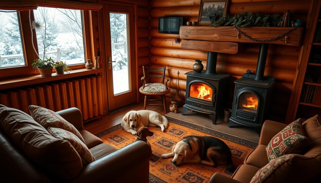 Immagina un appartamento tipico arredato in legno, con una stufa scoppiettante e gli animali da coccolare nella neve.