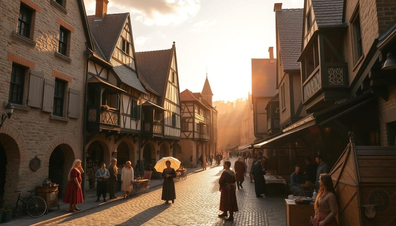 Immagina un borgo medievale con edifici storici e strade lastricate