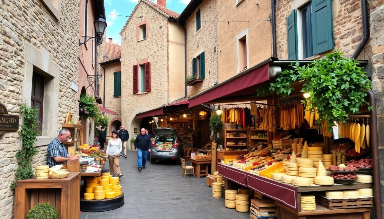 Immagina un borgo medievale con stand di formaggi e salumi