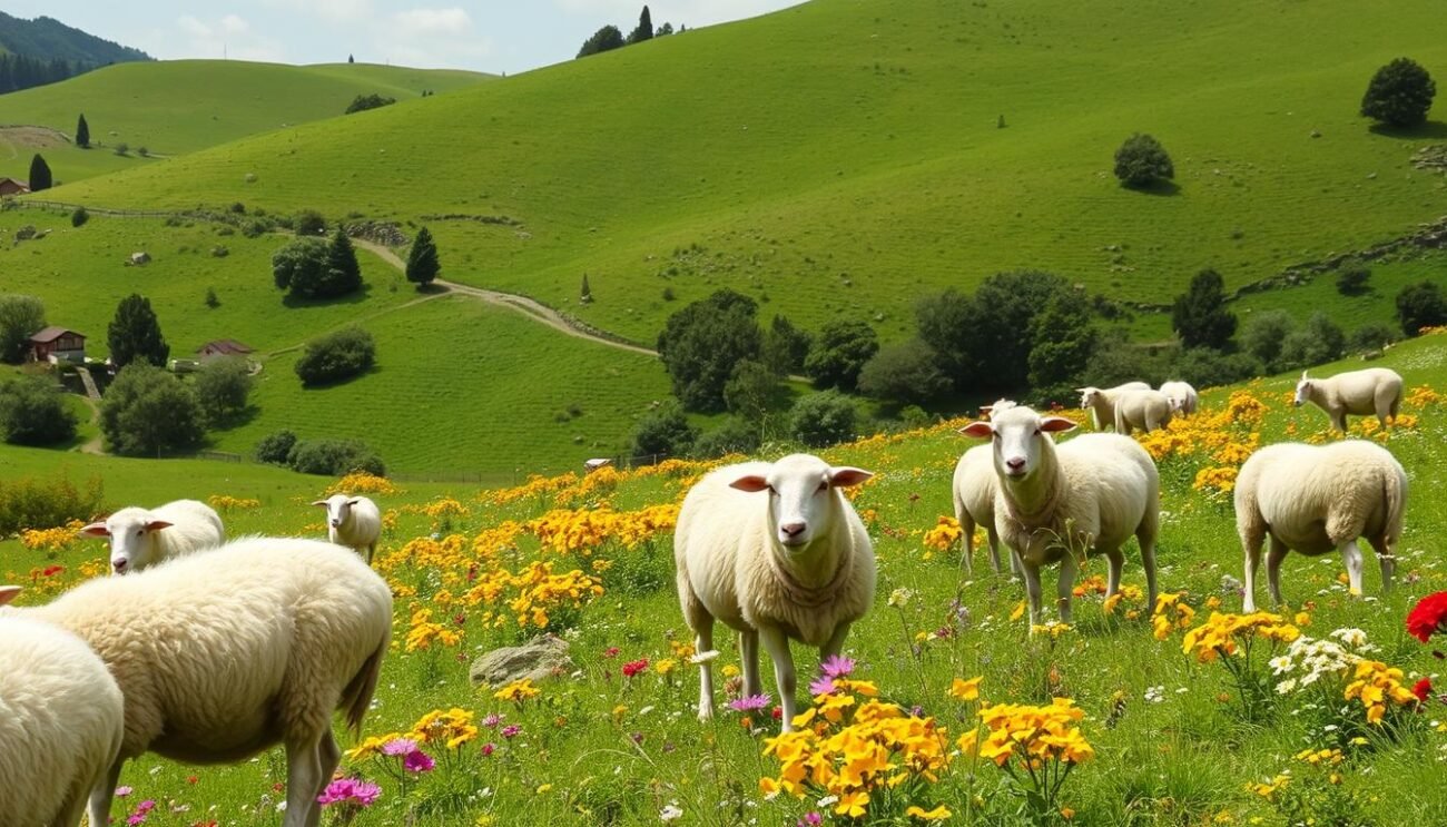 Immagina un paesaggio marchigiano dove pascolano gli ovini maschi castrati, origine del pregiato castrato marchigiano.