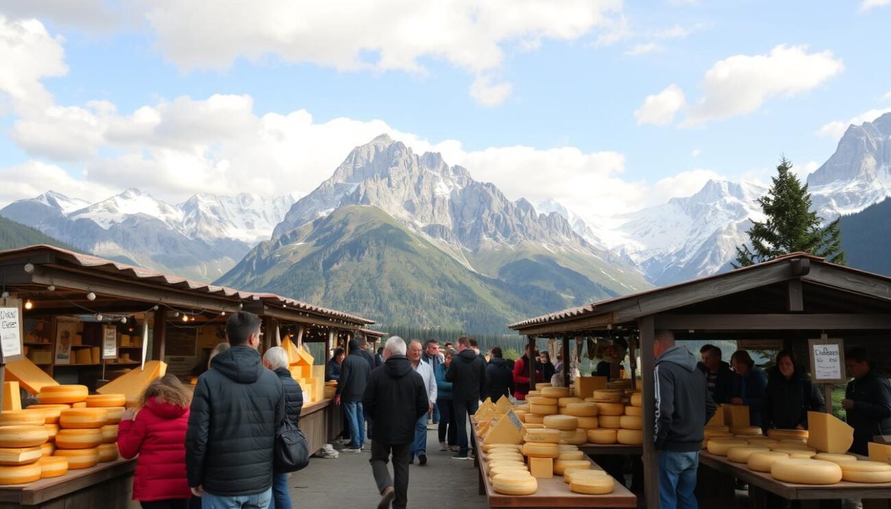 Immagina un paesaggio montano con stand di formaggi e persone che degustano