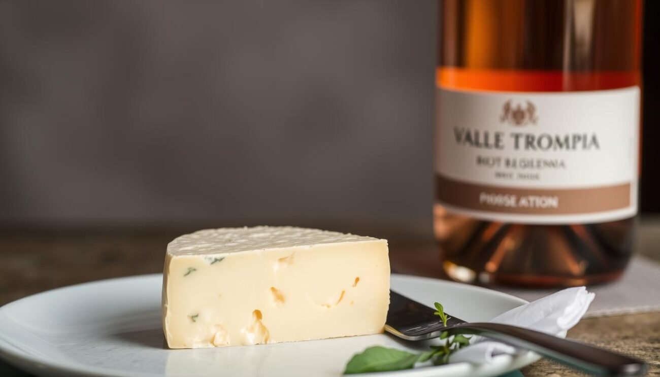 Immagina una fetta di Nostrano Valtrompia DOP servita con un bicchiere di vino rosato della Valle Trompia.