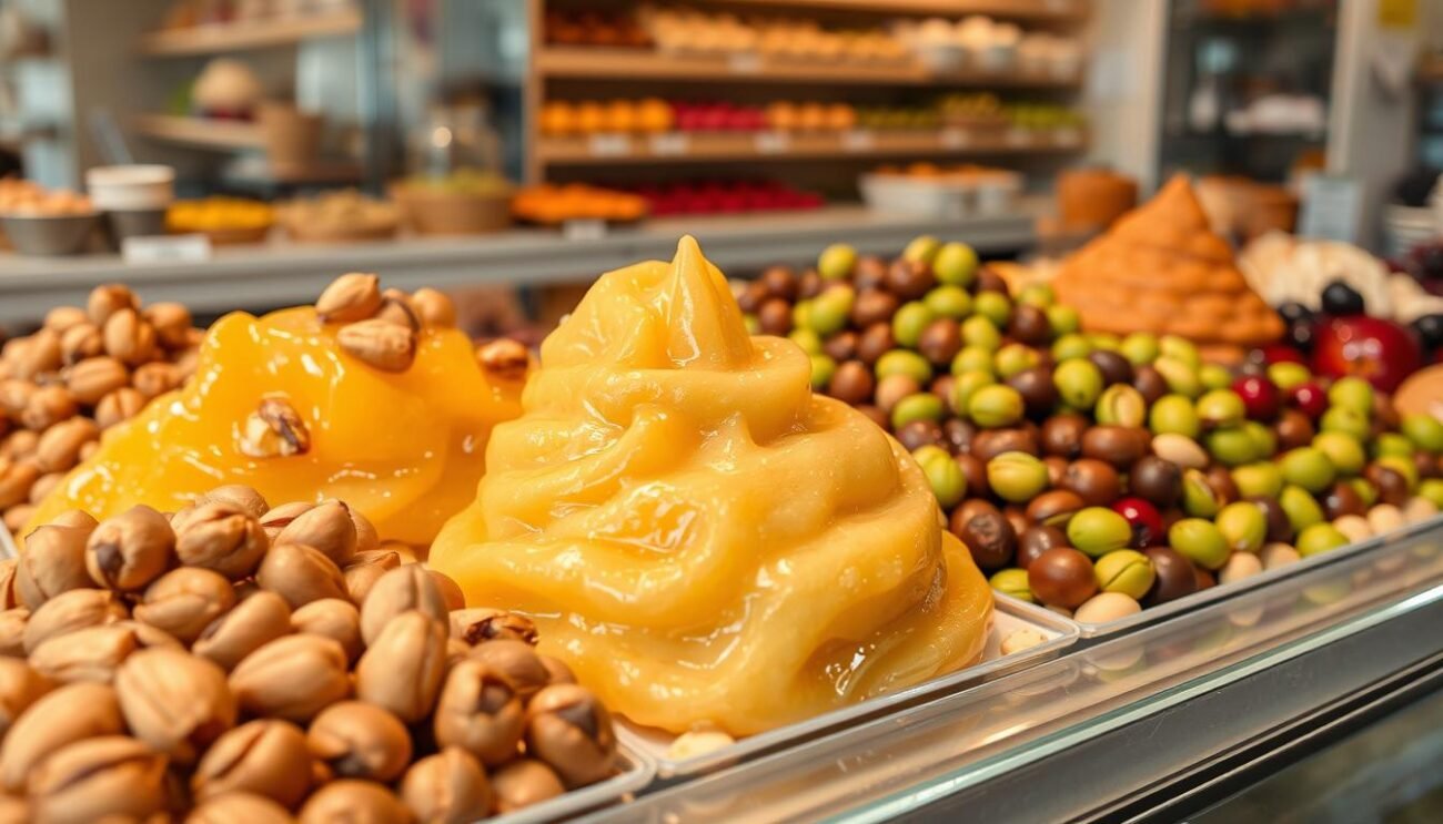 Immagina una foto di paste pure di frutta a guscio, come nocciola e pistacchio, in un ambiente di pasticceria.