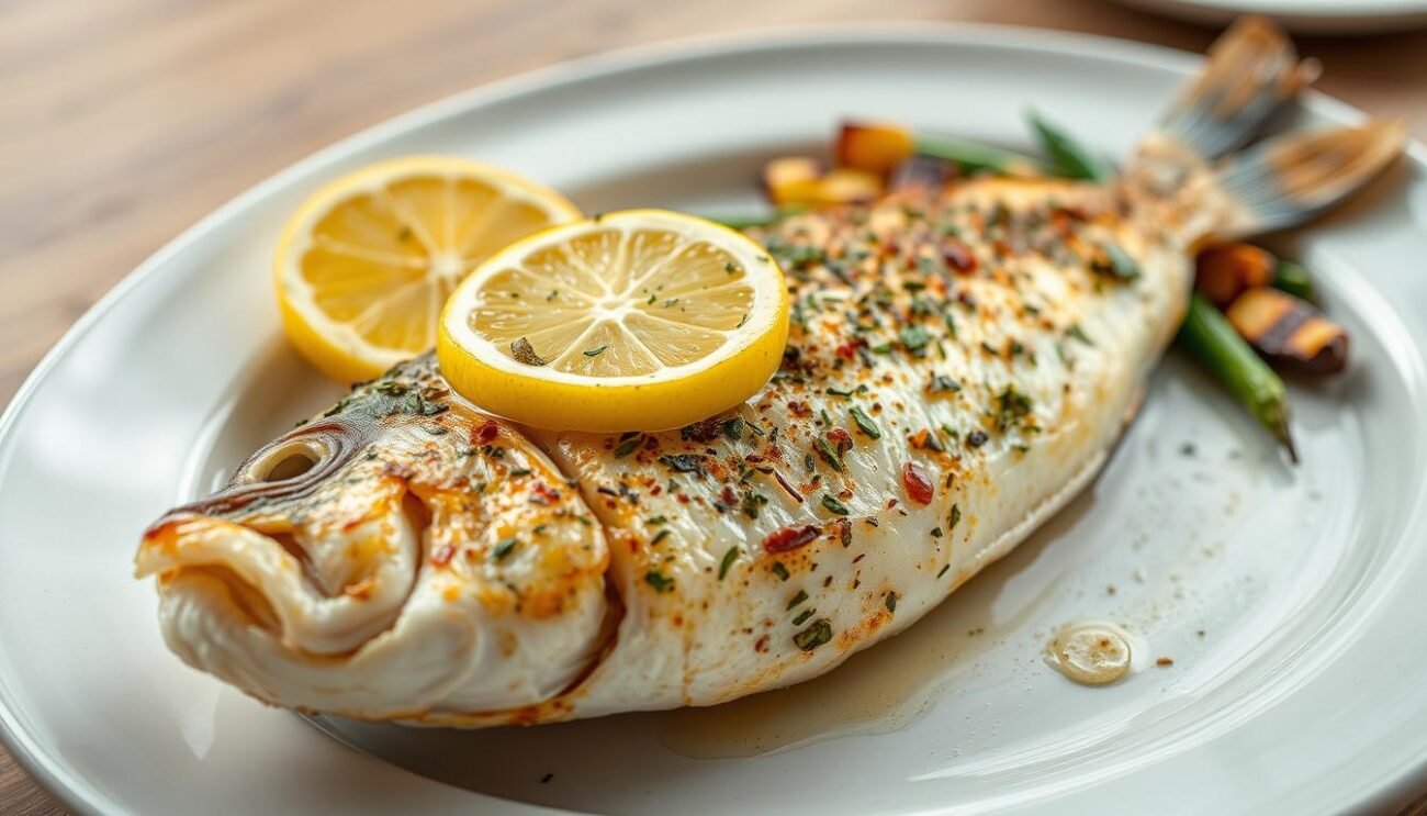 Immagina una spigola fresca, cotta al forno con erbe aromatiche e limone, servita con un contorno di verdure grigliate. Immagina una spigola fresca, cotta al forno con erbe aromatiche e limone, servita con un contorno di verdure grigliate.