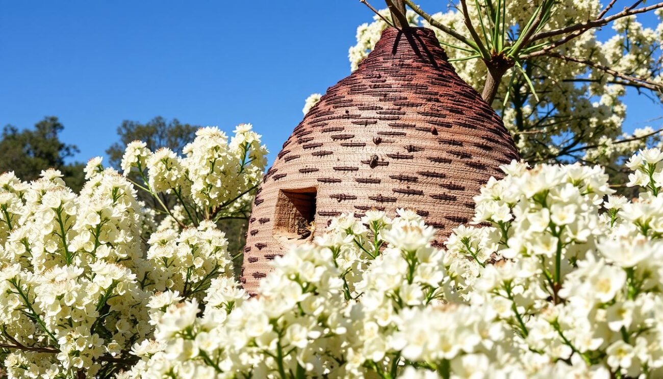Immagine di un alveare di acacia con fiori bianchi