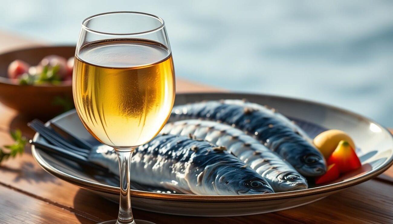 Immagine di un bicchiere di vino lucano accanto a un piatto di pesce azzurro Immagine di un bicchiere di vino lucano accanto a un piatto di pesce azzurro