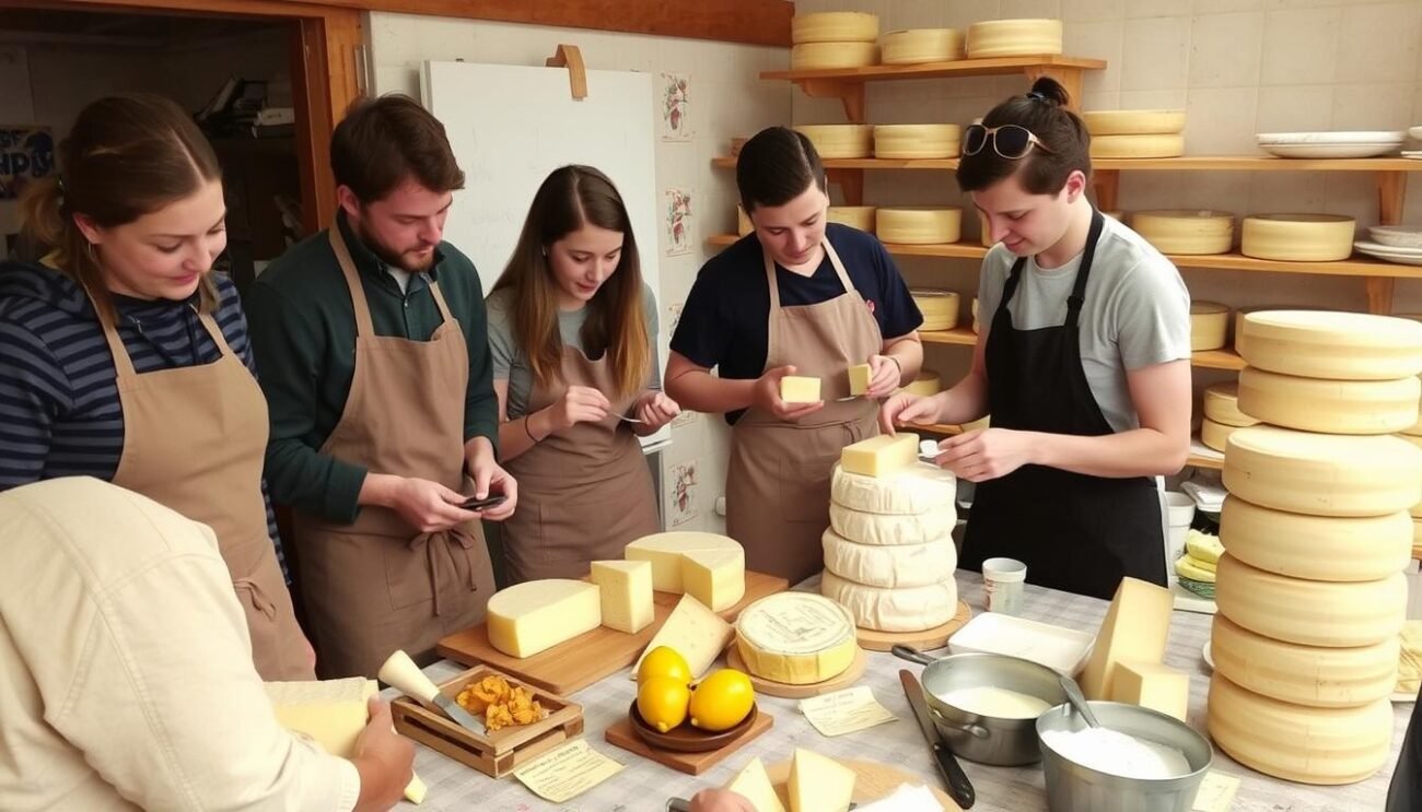 Immagine di un corso per casari con allievi intenti a produrre formaggi artigianali