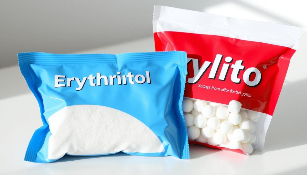 Immagine di un pacchetto di eritritolo accanto a un sacchetto di xilitolo