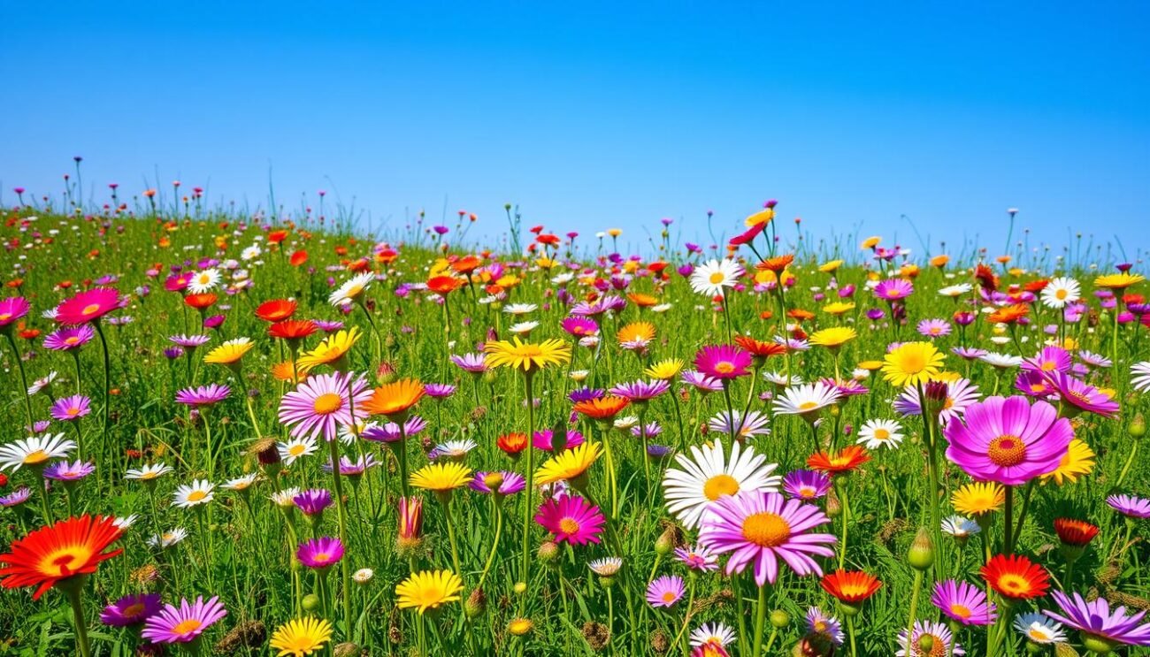 Immagine di un prato fiorito con diversi fiori