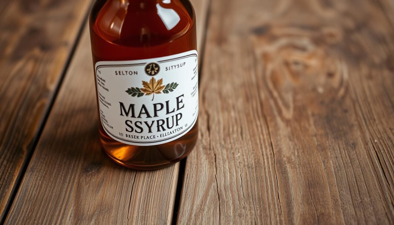 Immagine di una bottiglia di sciroppo d'acero puro su un tavolo di legno rustico