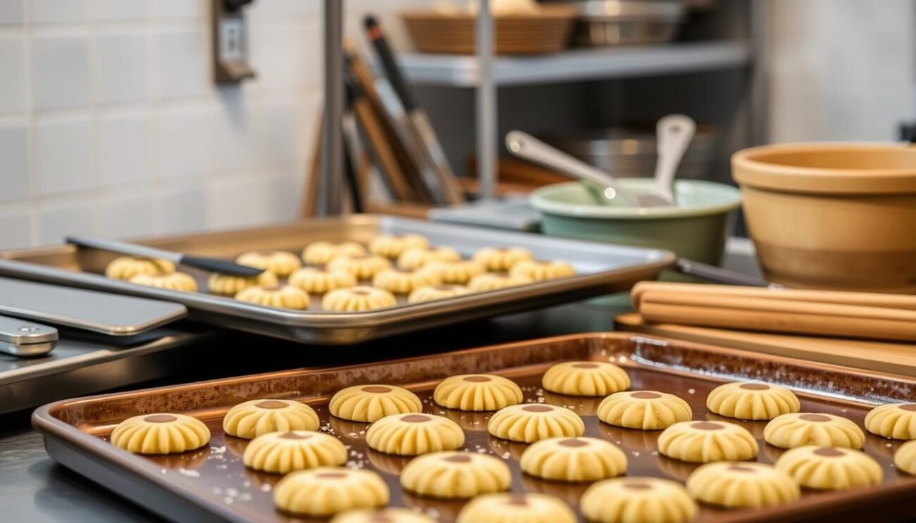 Immagine di una cucina ben attrezzata con teglie e utensili per preparare i Baci di Dama