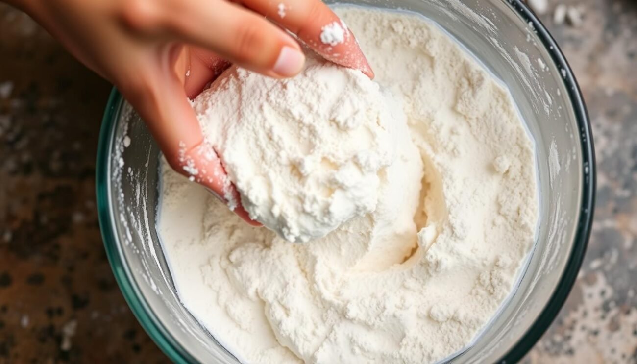 Immagine di una persona che mescola farina e acqua in un contenitore