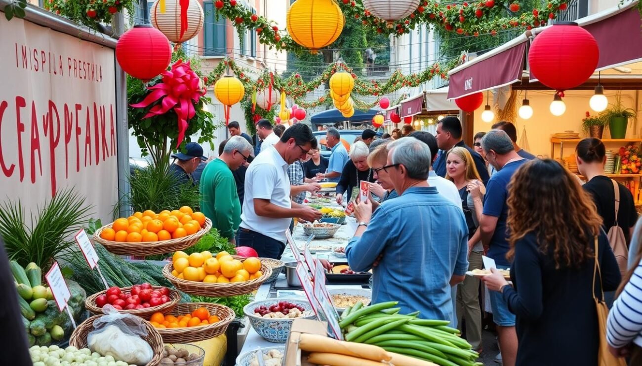 Immagine di una sagra gastronomica in Campania con prodotti locali e persone che partecipano all'evento