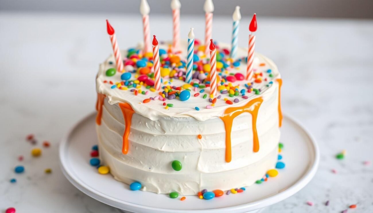 Immagine di una torta di compleanno senza zucchero con decorazioni colorate