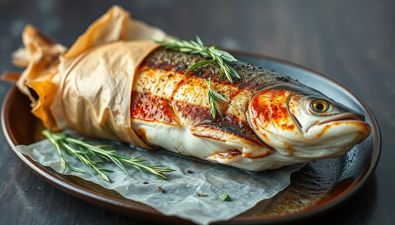 Immagine di una trota al cartoccio con erbe aromatiche Immagine di una trota al cartoccio con erbe aromatiche