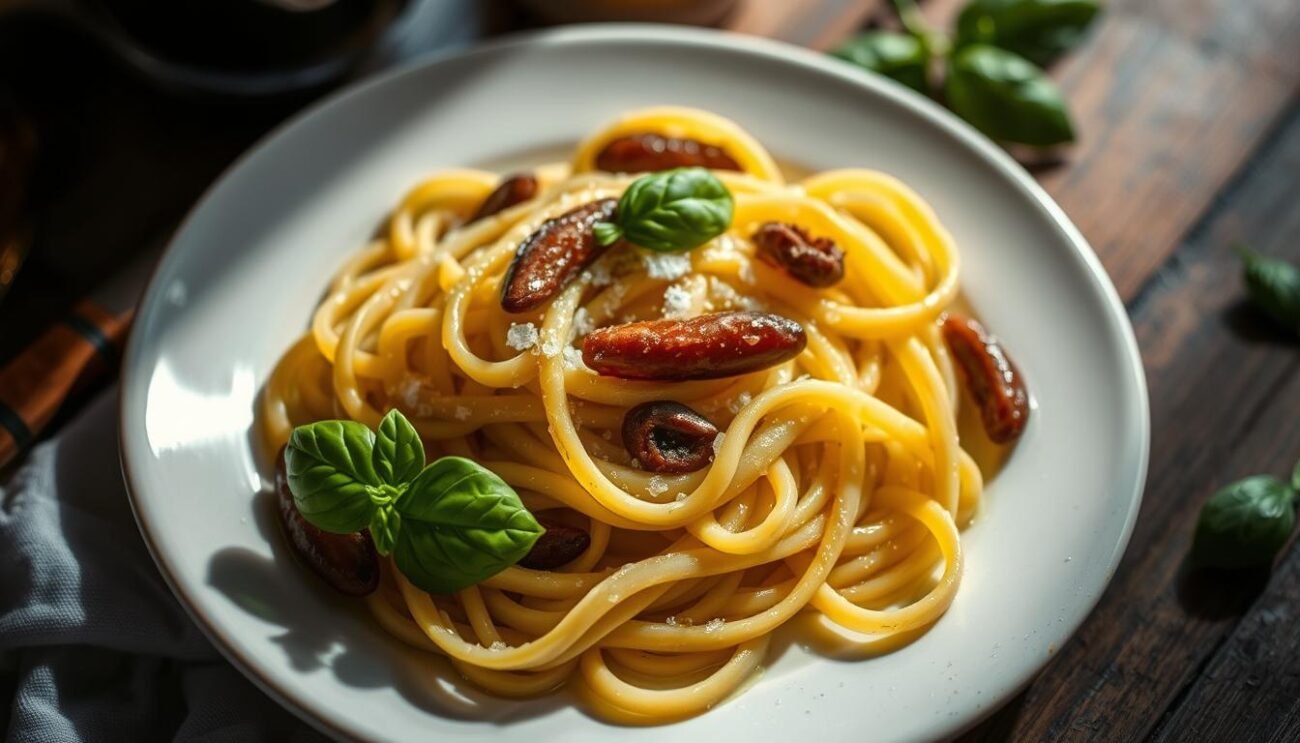 Mouth-watering trofie pasta glistening with olive oil, garnished with salty anchovies and vibrant green basil leaves. A classic Ligurian dish captured in a moody, rustic still life. Soft, natural lighting illuminates the textured handmade pasta, casting shadows that reveal its intricate twists and folds. The anchovies add a savory pop of color, complemented by the rich, earthy tones of the wooden tabletop. An authentic Italian culinary scene, ready to be savored.