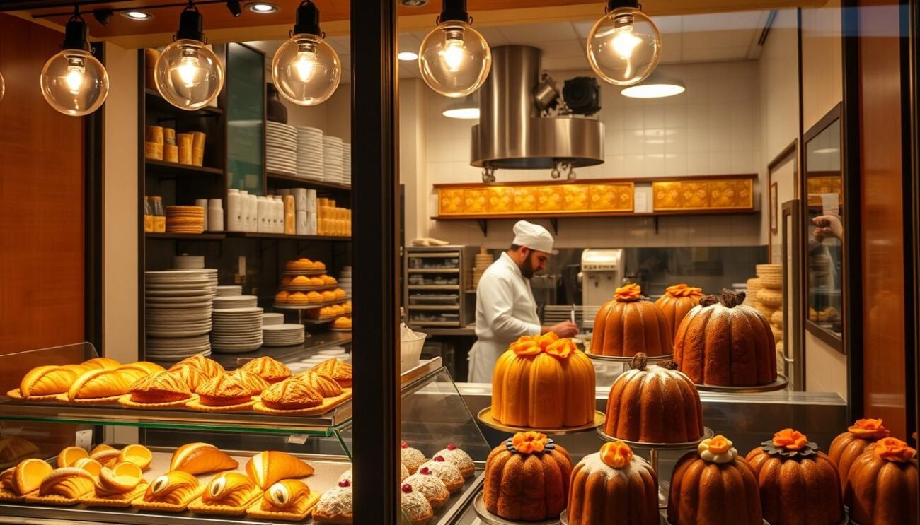 Pasticceria italiana: a charming, time-honored Italian pastry shop, bathed in warm, ambient lighting. The elegant storefront displays an array of decadent confections - flaky croissants, glossy fruit tarts, and fluffy panettone adorned with candied citrus. Through the window, glimpse the bustling bakery behind, where skilled artisans in crisp white uniforms carefully craft these delectable treats using time-honored recipes and techniques passed down through generations. The scene evokes a sense of tradition, indulgence, and the enduring passion for the culinary arts that define Italy's legendary pasticcerie.