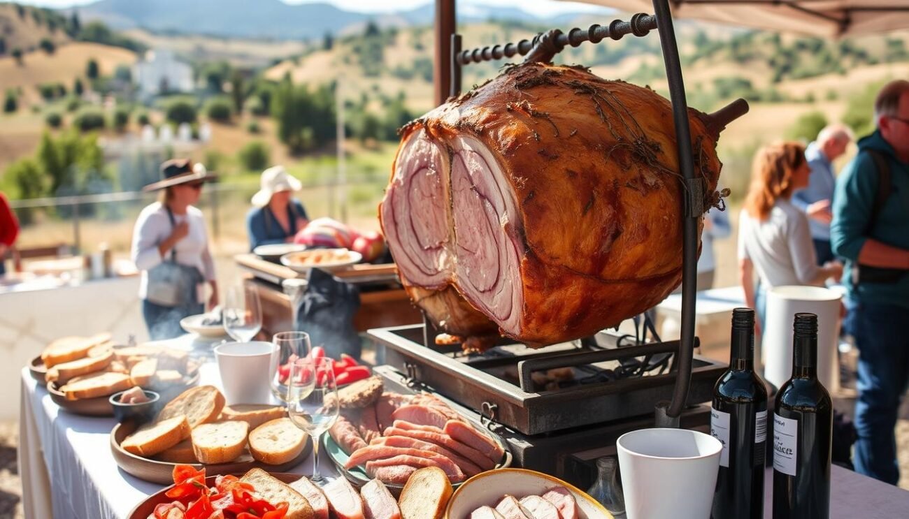 Sagra porchetta: a time-honored tradition in the heart of Abruzzo. Set against a backdrop of rolling hills, a rustic outdoor gathering features a sizzling porchetta roast, its golden-brown skin glistening under the warm Mediterranean sun. The aroma of slow-cooked pork, infused with aromatic herbs and spices, wafts through the air, enticing passersby to linger and savor the flavors of this centuries-old culinary heritage. In the foreground, a family-style table is laden with platters of thinly sliced porchetta, accompanied by crusty bread and local wines, inviting visitors to immerse themselves in the rich history and convivial spirit of this cherished festival.