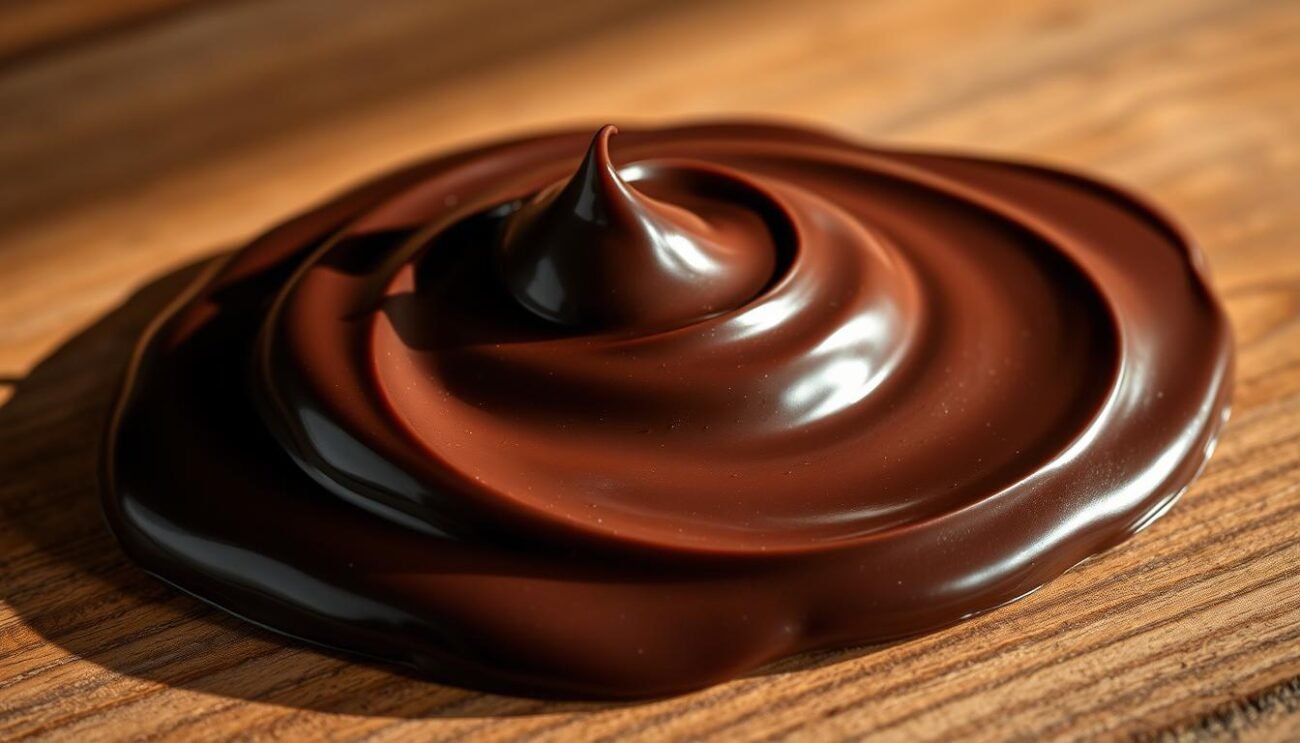 Smooth, rich dark chocolate ganache, glistening and inviting, delicately swirled on a wooden surface. Silky cream and cocoa powder create a decadent, velvety texture, perfect for filling cakes, pastries, or simply enjoying on its own. Dramatic lighting casts dramatic shadows, highlighting the depth of color and luxurious sheen. The scene evokes a cozy, indulgent atmosphere, capturing the essence of this classic Italian confection.