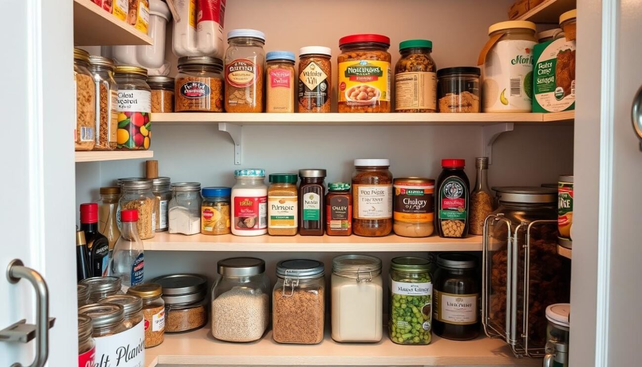 Un'immagine di una dispensa ben organizzata con vari ingredienti.