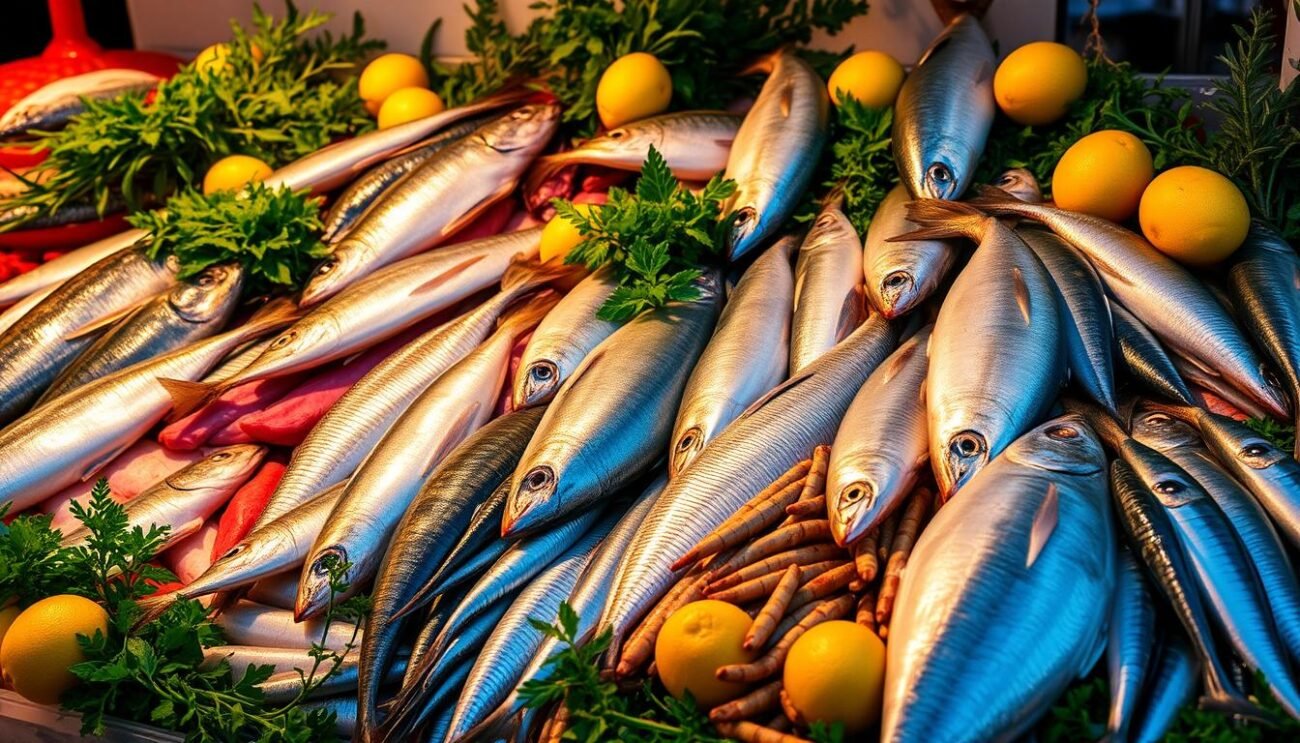 Vibrant display of fresh Italian seafood: a bountiful assortment of glistening fish, caught straight from the azure waters of the Mediterranean. Arranged with care, the display showcases the regional diversity - succulent swordfish, plump sardines, and glistening anchovies, all nestled among vibrant greens and lemons. Warm lighting casts a golden glow, accentuating the mouthwatering textures and hues. The scene evokes the bustling atmosphere of an authentic Italian fish market, where the aroma of the sea mingles with the sounds of lively chatter. This captivating image perfectly encapsulates the essence of where to savor the finest, freshest Italian seafood.