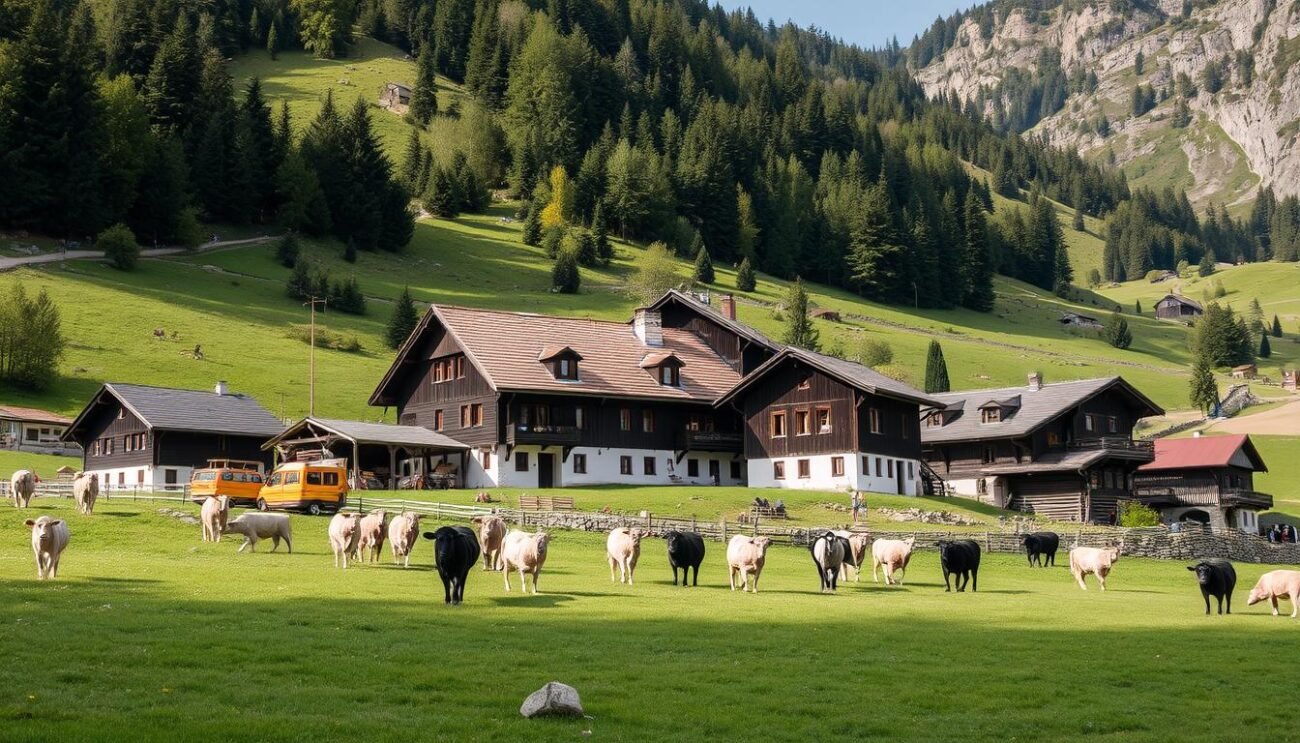 Visualizza Malga Lyfi Alm con i suoi edifici tradizionali e le mucche che pascolano nei prati circostanti.