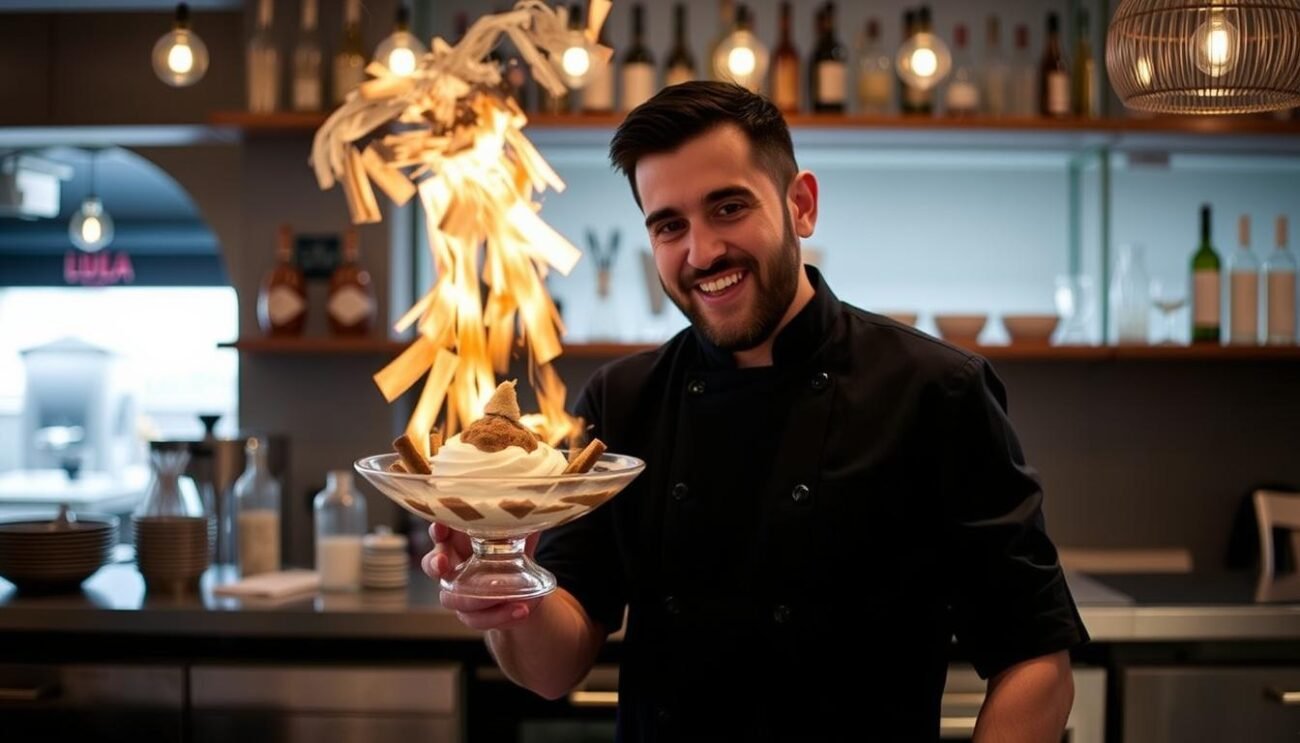 Visualizza un'immagine di Luca Lacalamita mentre crea un dessert innovativo nel suo locale "Lula" a Trani.