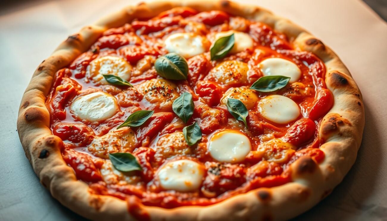 a perfectly baked new york style pizza, hot from the oven, with a crispy golden-brown crust, glistening with olive oil, and topped with a vibrant tomato sauce, melted mozzarella cheese, and a scattering of fresh basil leaves. the pizza is captured in a close-up shot, with the crust filling the frame and the toppings visible in mouthwatering detail. the lighting is warm and natural, casting a soft glow on the pizza, and the camera angle is slightly elevated to showcase the pizza's perfect circular shape. the overall mood is one of anticipation and appetite, inviting the viewer to imagine the aroma and flavor of this authentic new york-style pizza.