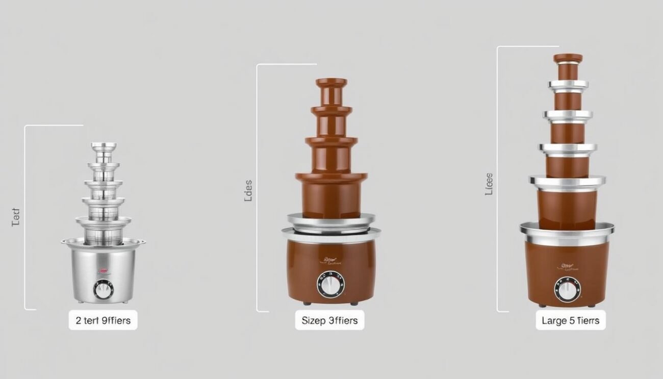 Confronto tra fontane di cioccolato di diverse dimensioni con indicazione del numero di livelli