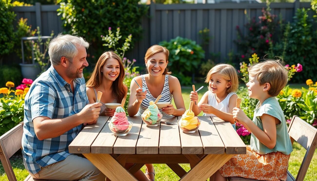 Famiglia che gusta gelato fatto in casa in giardino