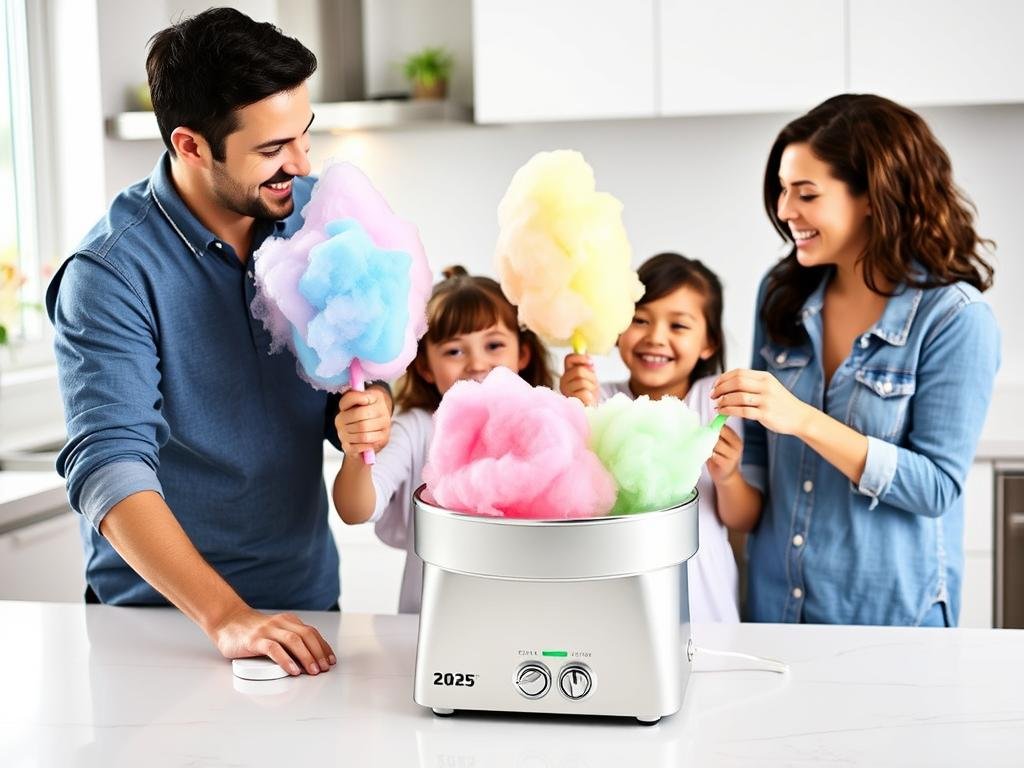 Famiglia che prepara zucchero filato colorato con una Macchina Zucchero Filato 2025 in cucina