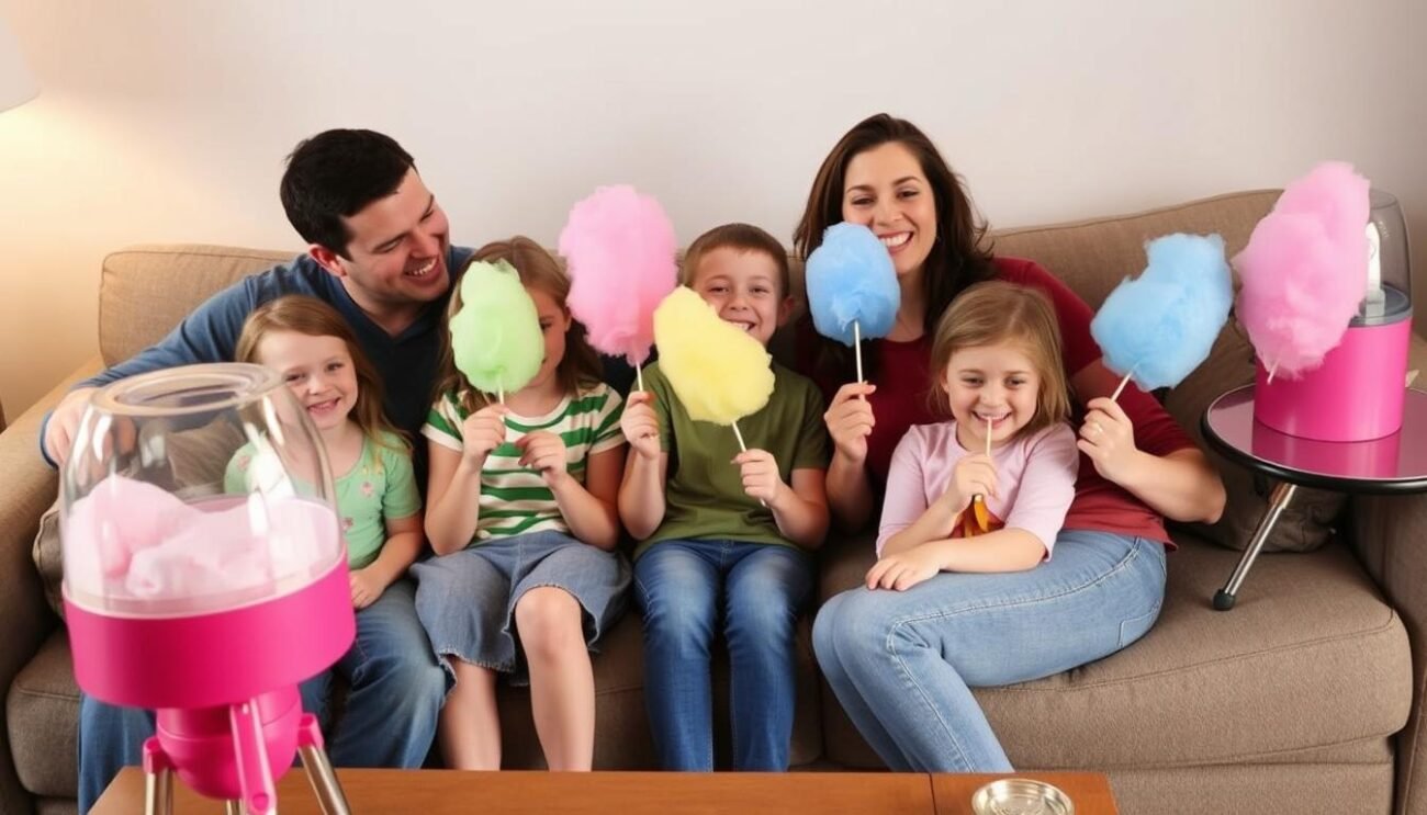 Famiglia felice che gusta zucchero filato fatto con Macchina Zucchero Filato 2025